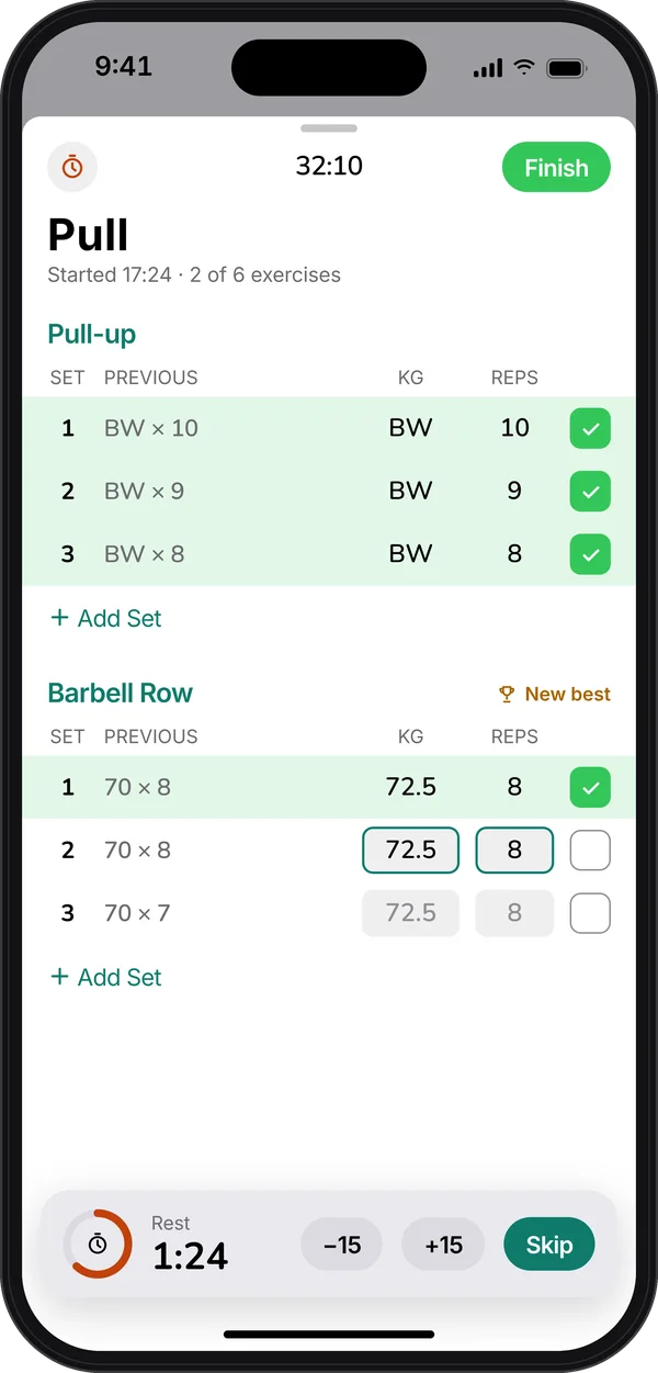 Active pull workout: previous sets beside today, ticked sets and a 1:24 rest timer